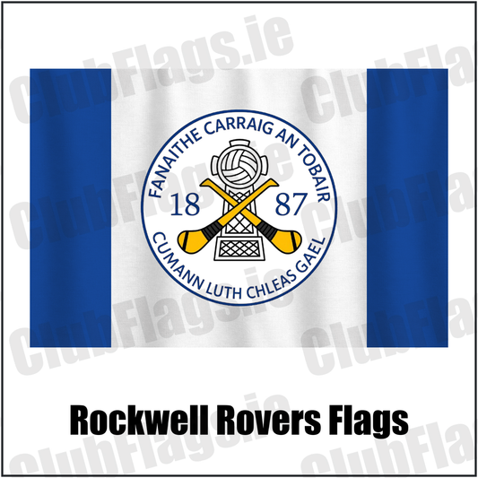 Rockwell Rovers Flags, featuring the club crest and blue and white colours; County Tipperary GAA. ClubFlags.ie.