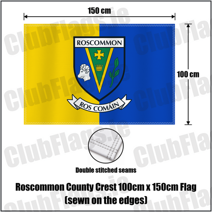 Roscommon county crest 100 × 150 cm sewn-edge flag in yellow and blue, with dimension arrows and a double-stitch seam close-up.