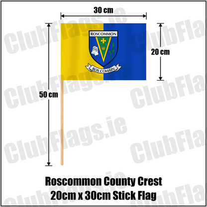 Roscommon county crest 20 × 30 cm stick flag in yellow and blue, with a 50 cm wooden stick and dimension arrows.