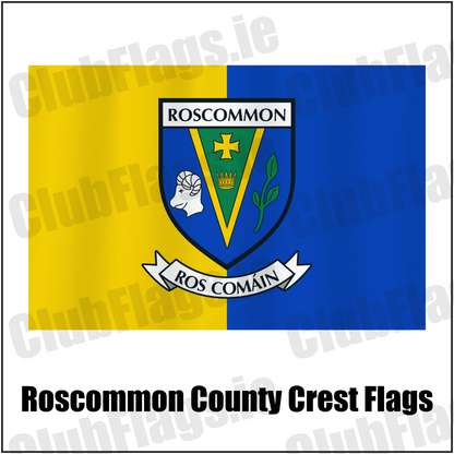 Roscommon county crest flag in yellow and blue, with county name and crest.