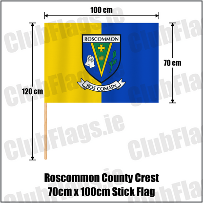 Roscommon county crest 70 × 100 cm stick flag in yellow and blue, with a 120 cm wooden stick and dimension arrows.