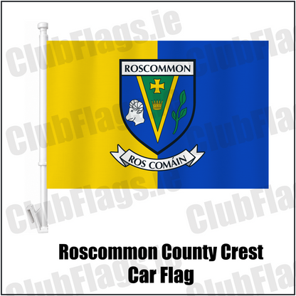 Roscommon county crest car flag in yellow and blue, on a white plastic window mount.