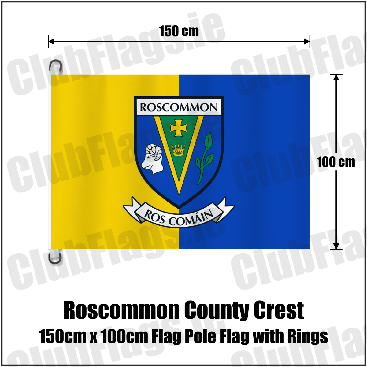 Roscommon county crest flag, 150 cm wide × 100 cm high, in yellow and blue, with two dark attachment rings on white tabs and no pole.