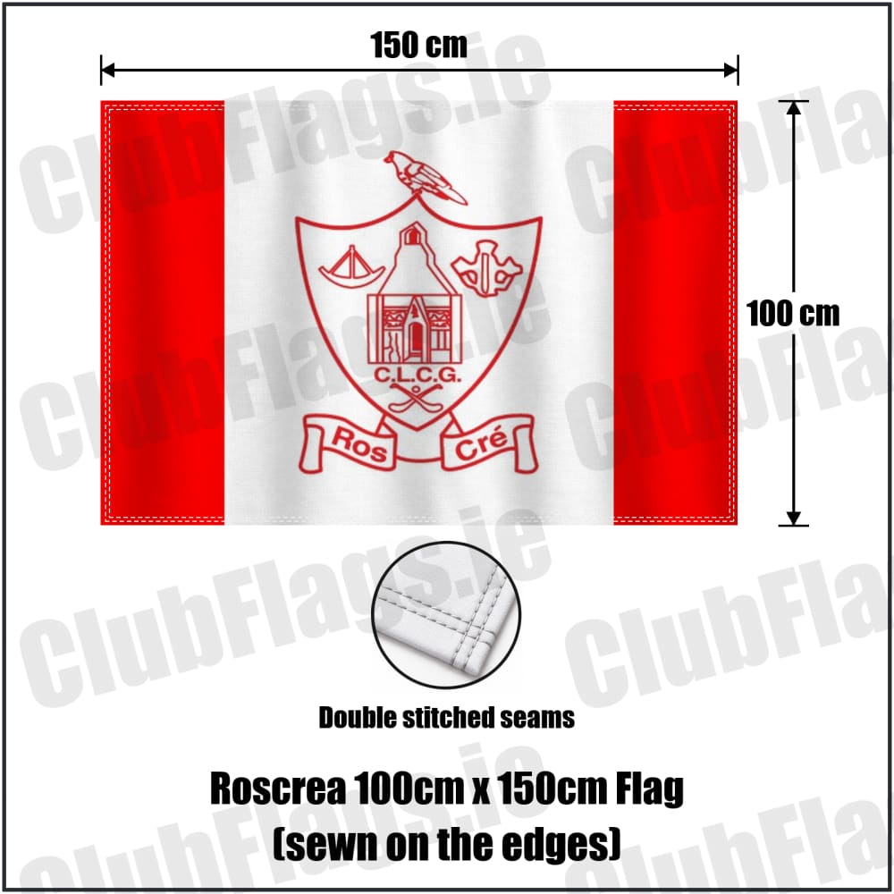 Roscrea 100cm x 150cm Flag (sewn on the edges) in red and white, featuring the club crest on realistic fabric with gentle vertical folds; County Tipperary GAA. ClubFlags.ie.