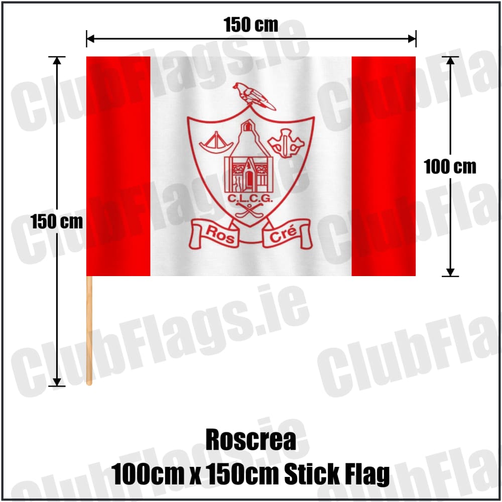Roscrea 100cm x 150cm Stick Flag in red and white, featuring the club crest on realistic fabric with gentle vertical folds; County Tipperary GAA. ClubFlags.ie.