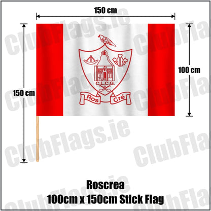 Roscrea 100cm x 150cm Stick Flag in red and white, featuring the club crest on realistic fabric with gentle vertical folds; County Tipperary GAA. ClubFlags.ie.