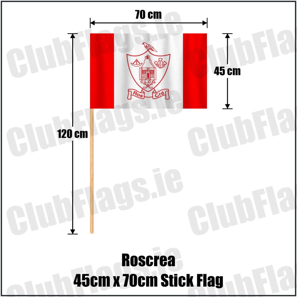 Roscrea 45cm x 70cm Stick Flag in red and white, featuring the club crest on realistic fabric with gentle vertical folds; County Tipperary GAA. ClubFlags.ie.