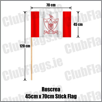 Roscrea 45cm x 70cm Stick Flag in red and white, featuring the club crest on realistic fabric with gentle vertical folds; County Tipperary GAA. ClubFlags.ie.