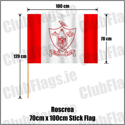 Roscrea 70cm x 100cm Stick Flag in red and white, featuring the club crest on realistic fabric with gentle vertical folds; County Tipperary GAA. ClubFlags.ie.