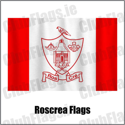 Roscrea Flags in red and white, featuring the club crest on realistic fabric with gentle vertical folds; County Tipperary GAA. ClubFlags.ie.
