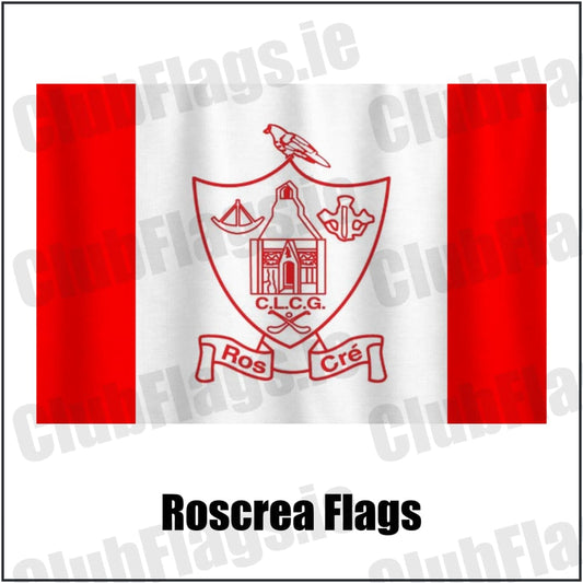 Roscrea Flags in red and white, featuring the club crest on realistic fabric with gentle vertical folds; County Tipperary GAA. ClubFlags.ie.