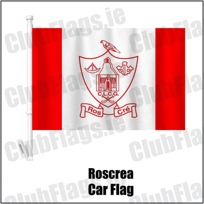 Roscrea Car Flag in red and white, featuring the club crest on realistic fabric with gentle vertical folds; County Tipperary GAA. ClubFlags.ie.