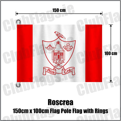 Roscrea 150cm x 100cm Flag Pole Flag with Rings in red and white, featuring the club crest on realistic fabric with gentle vertical folds; County Tipperary GAA. ClubFlags.ie.
