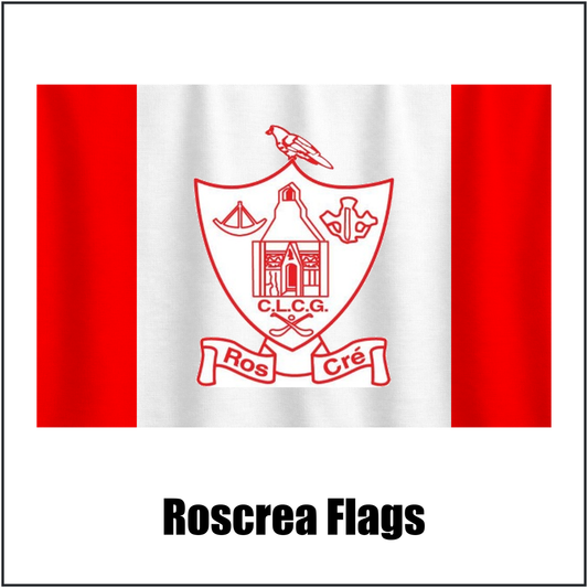 Roscrea Flags, featuring the club crest and red and white colours; County Tipperary GAA. ClubFlags.ie.