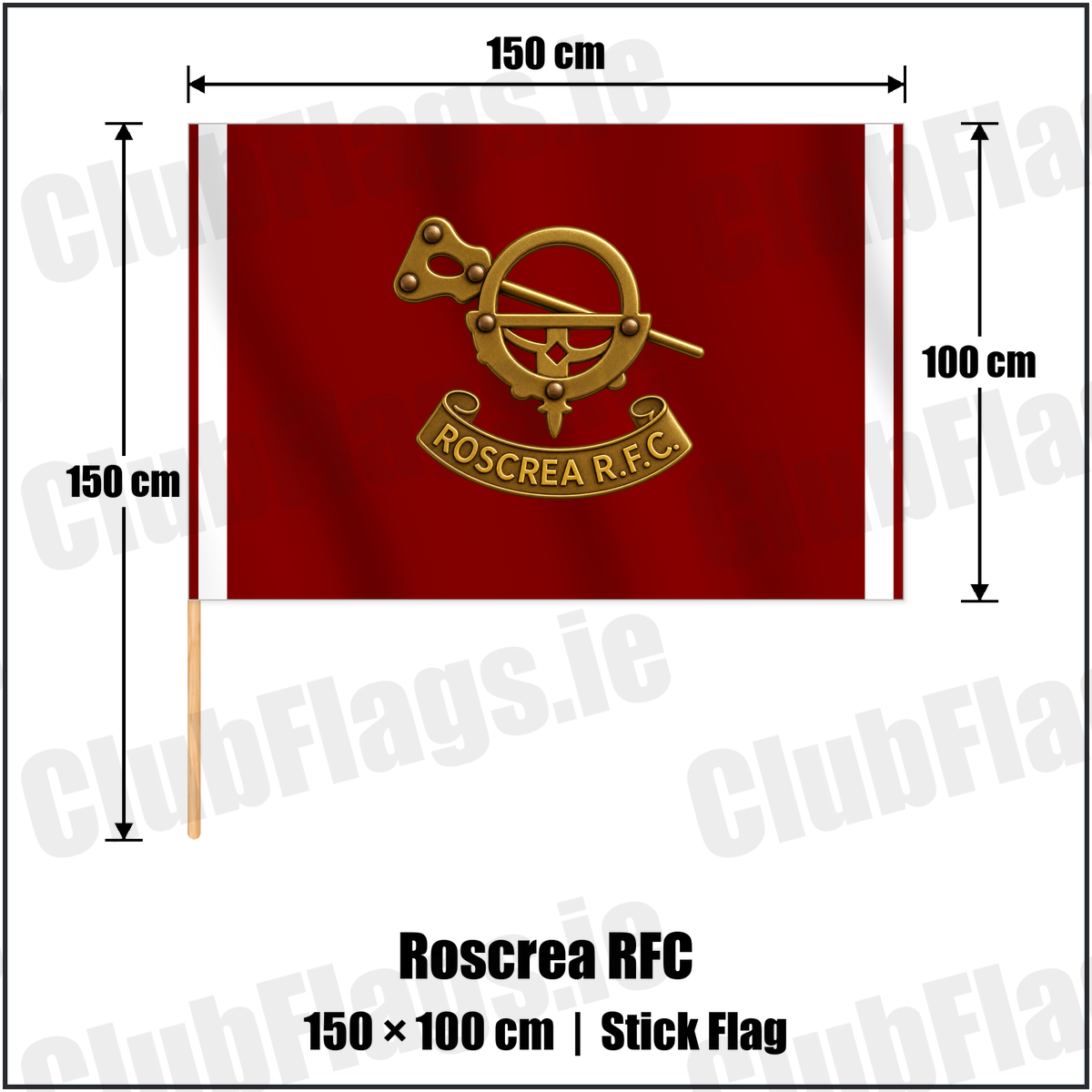 Roscrea RFC 100cm x 150cm Stick Flag with the club crest and colours, Tipperary Rugby - ClubFlags.ie