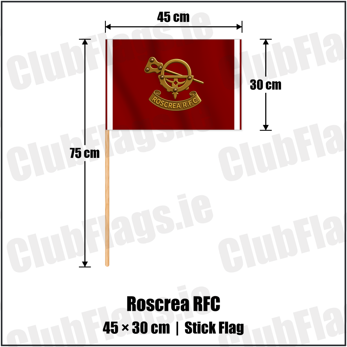 Roscrea RFC 30cm x 45cm Stick Flag with the club crest and colours, Tipperary Rugby - ClubFlags.ie