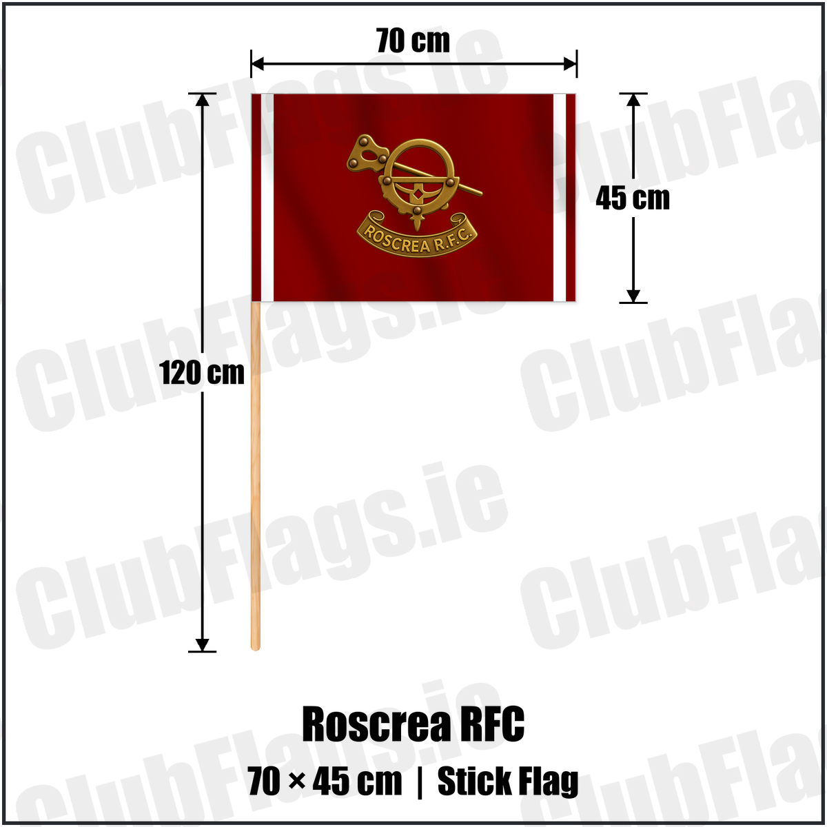 Roscrea RFC 45cm x 70cm Stick Flag with the club crest and colours, Tipperary Rugby - ClubFlags.ie