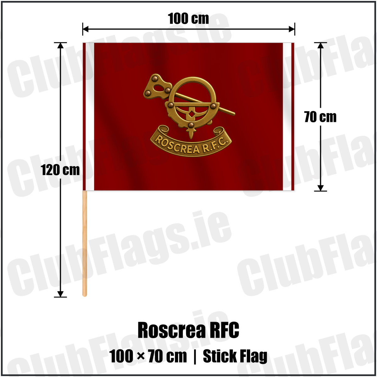 Roscrea RFC 70cm x 100cm Stick Flag with the club crest and colours, Tipperary Rugby - ClubFlags.ie