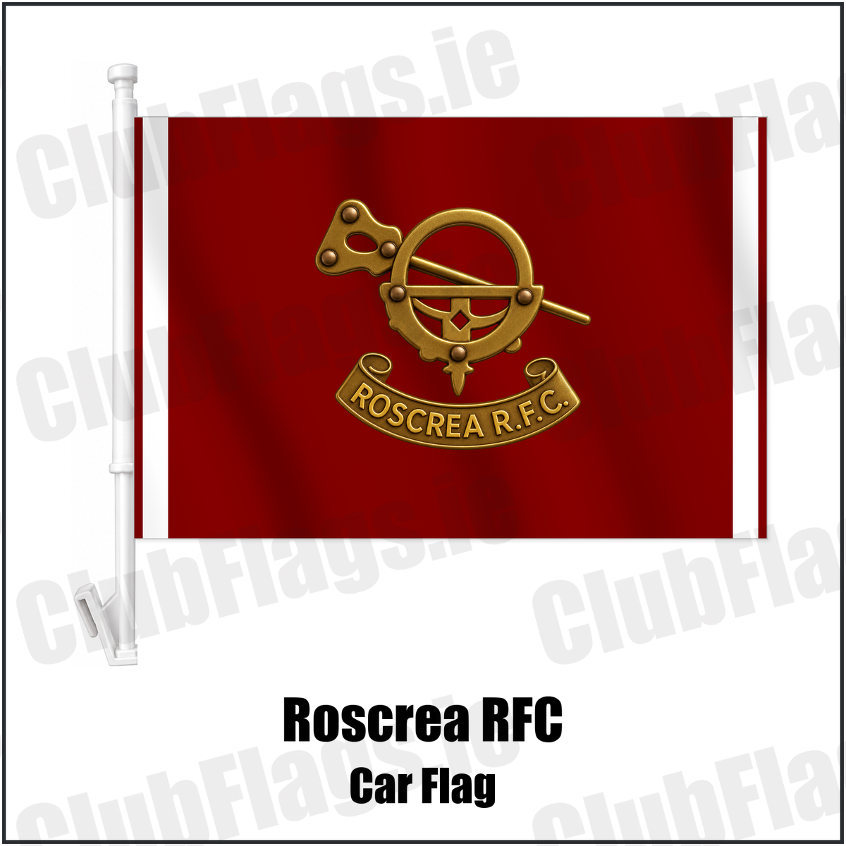 Roscrea RFC Car Flag with the club crest and colours, Tipperary Rugby - ClubFlags.ie