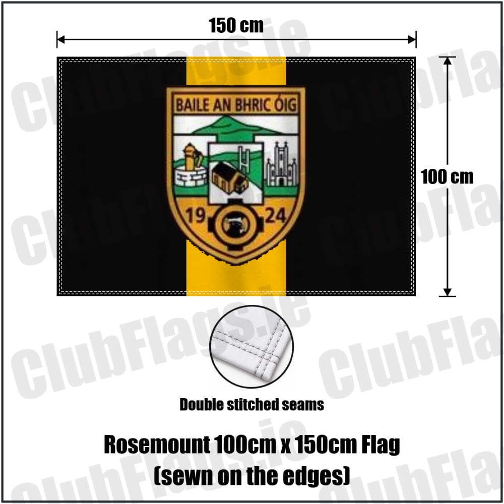 Rosemount 100cm x 150cm Flag (sewn on the edges) in black and gold, featuring the club crest on realistic fabric with gentle vertical folds; County Westmeath GAA. ClubFlags.ie.