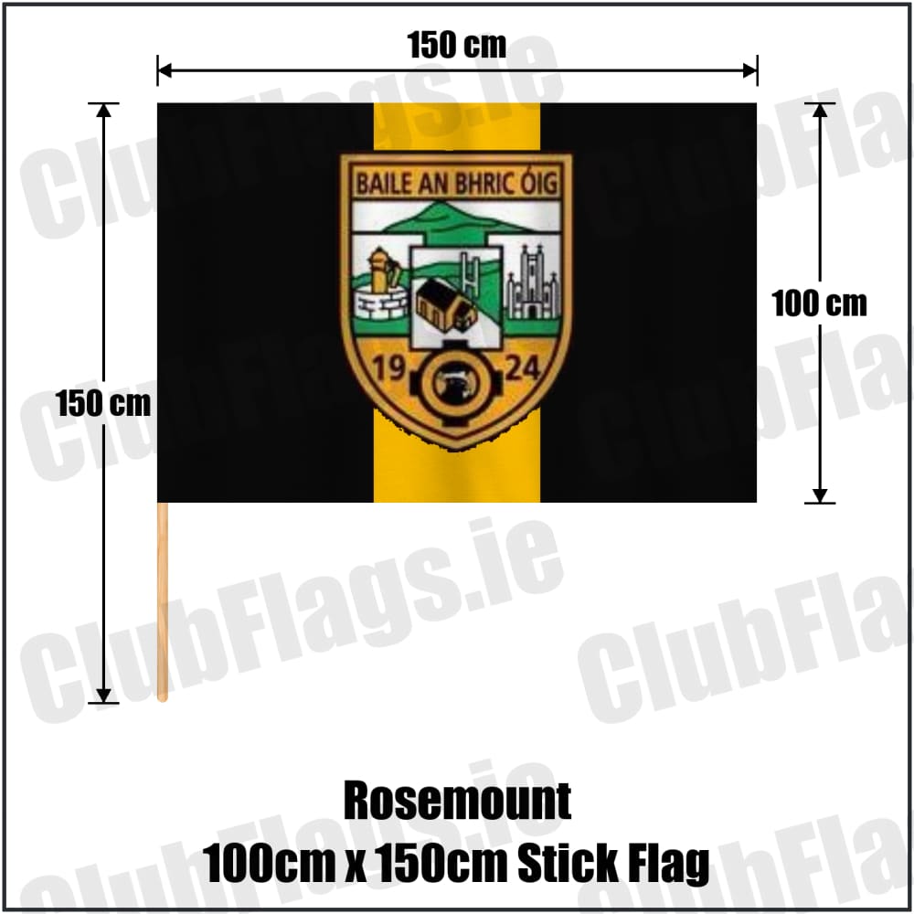 Rosemount 100cm x 150cm Stick Flag in black and gold, featuring the club crest on realistic fabric with gentle vertical folds; County Westmeath GAA. ClubFlags.ie.