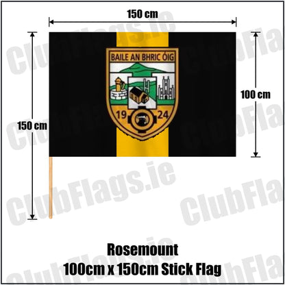Rosemount 100cm x 150cm Stick Flag in black and gold, featuring the club crest on realistic fabric with gentle vertical folds; County Westmeath GAA. ClubFlags.ie.