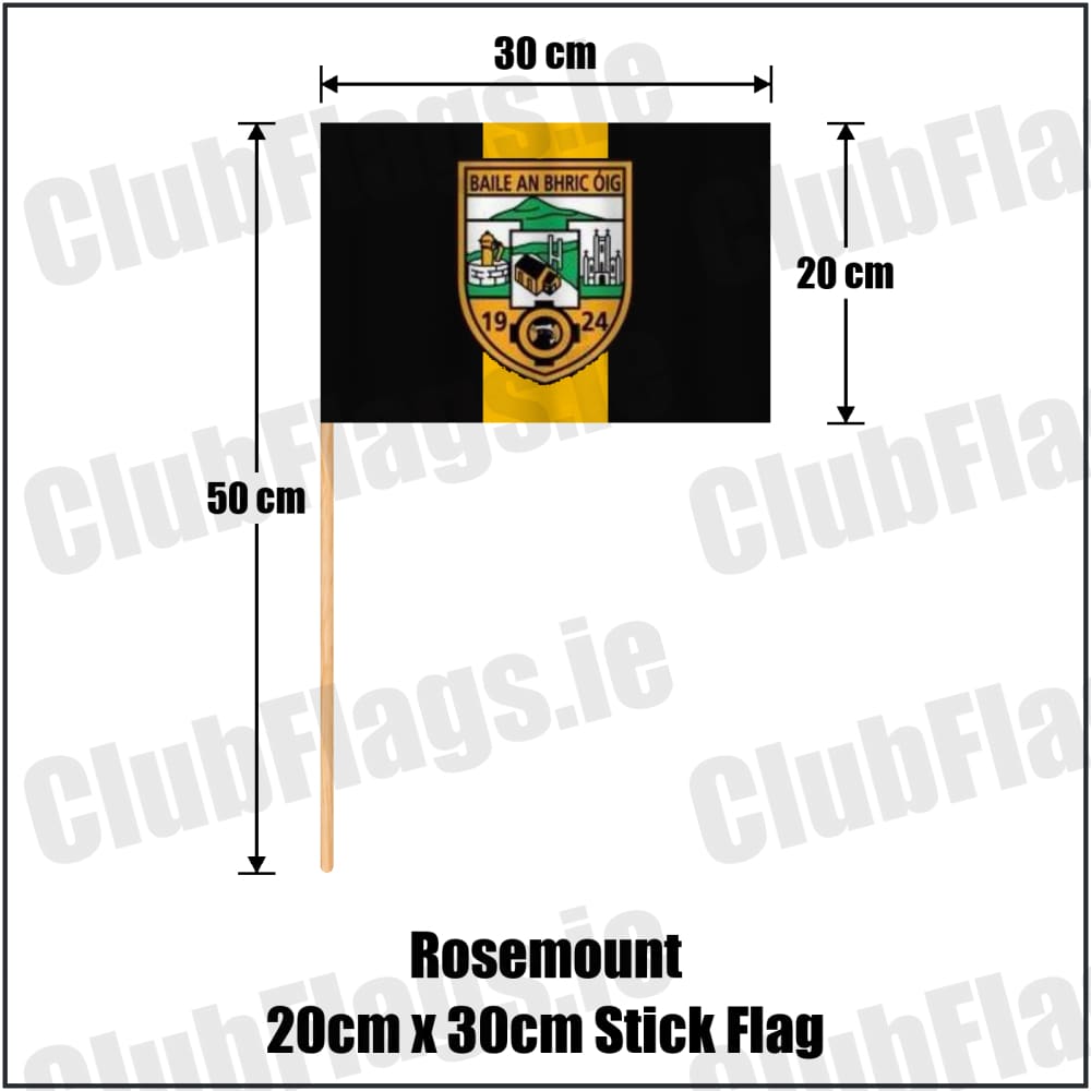 Rosemount 20cm x 30cm Stick Flag in black and gold, featuring the club crest on realistic fabric with gentle vertical folds; County Westmeath GAA. ClubFlags.ie.