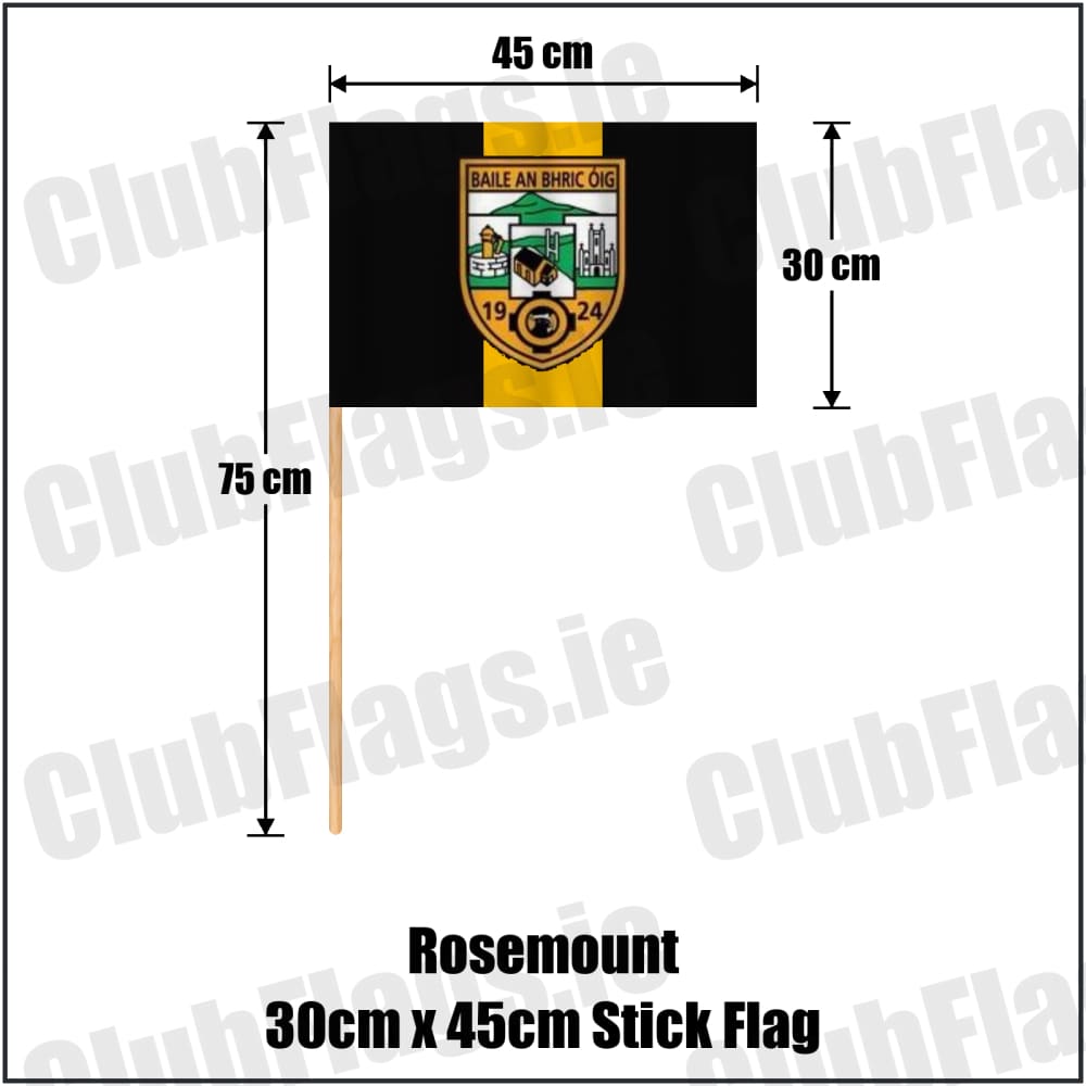 Rosemount 30cm x 45cm Stick Flag in black and gold, featuring the club crest on realistic fabric with gentle vertical folds; County Westmeath GAA. ClubFlags.ie.