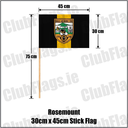 Rosemount 30cm x 45cm Stick Flag in black and gold, featuring the club crest on realistic fabric with gentle vertical folds; County Westmeath GAA. ClubFlags.ie.