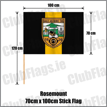 Rosemount 70cm x 100cm Stick Flag in black and gold, featuring the club crest on realistic fabric with gentle vertical folds; County Westmeath GAA. ClubFlags.ie.