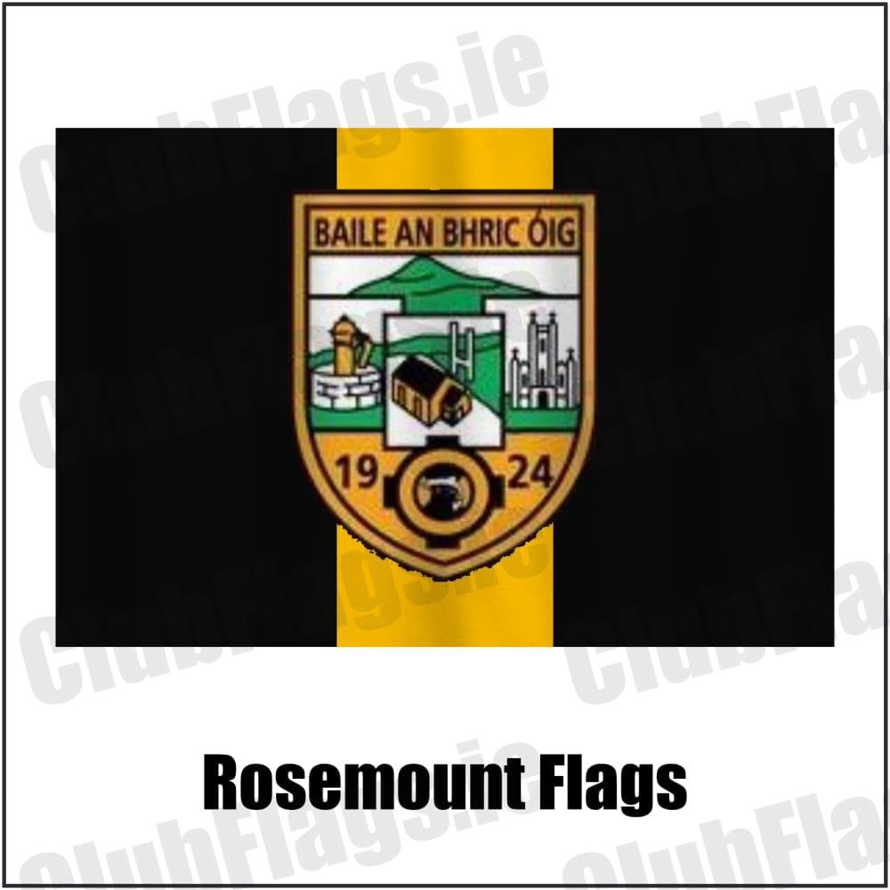 Rosemount Flags in black and gold, featuring the club crest on realistic fabric with gentle vertical folds; County Westmeath GAA. ClubFlags.ie.