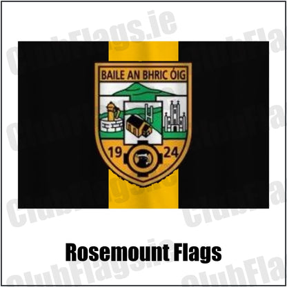 Rosemount Flags in black and gold, featuring the club crest on realistic fabric with gentle vertical folds; County Westmeath GAA. ClubFlags.ie.