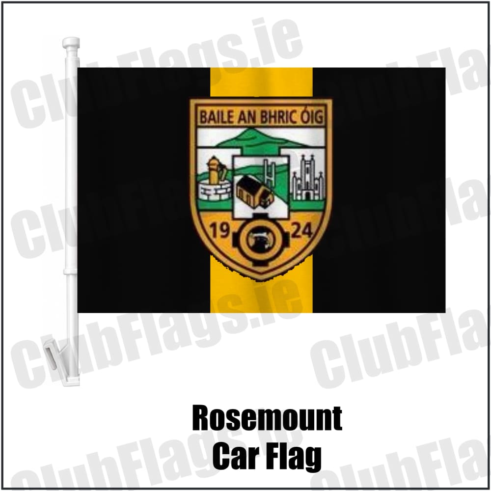 Rosemount Car Flag in black and gold, featuring the club crest on realistic fabric with gentle vertical folds; County Westmeath GAA. ClubFlags.ie.