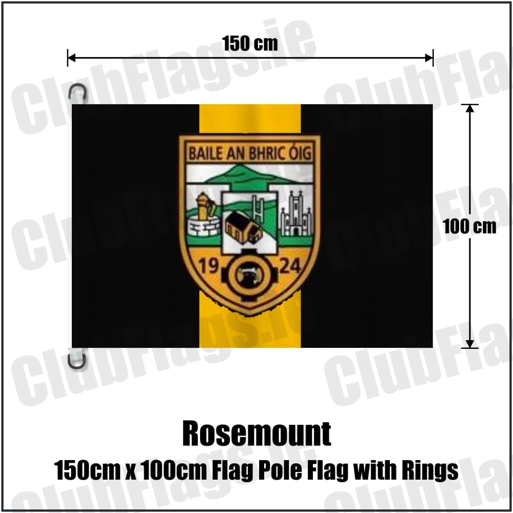 Rosemount 150cm x 100cm Flag Pole Flag with Rings in black and gold, featuring the club crest on realistic fabric with gentle vertical folds; County Westmeath GAA. ClubFlags.ie.
