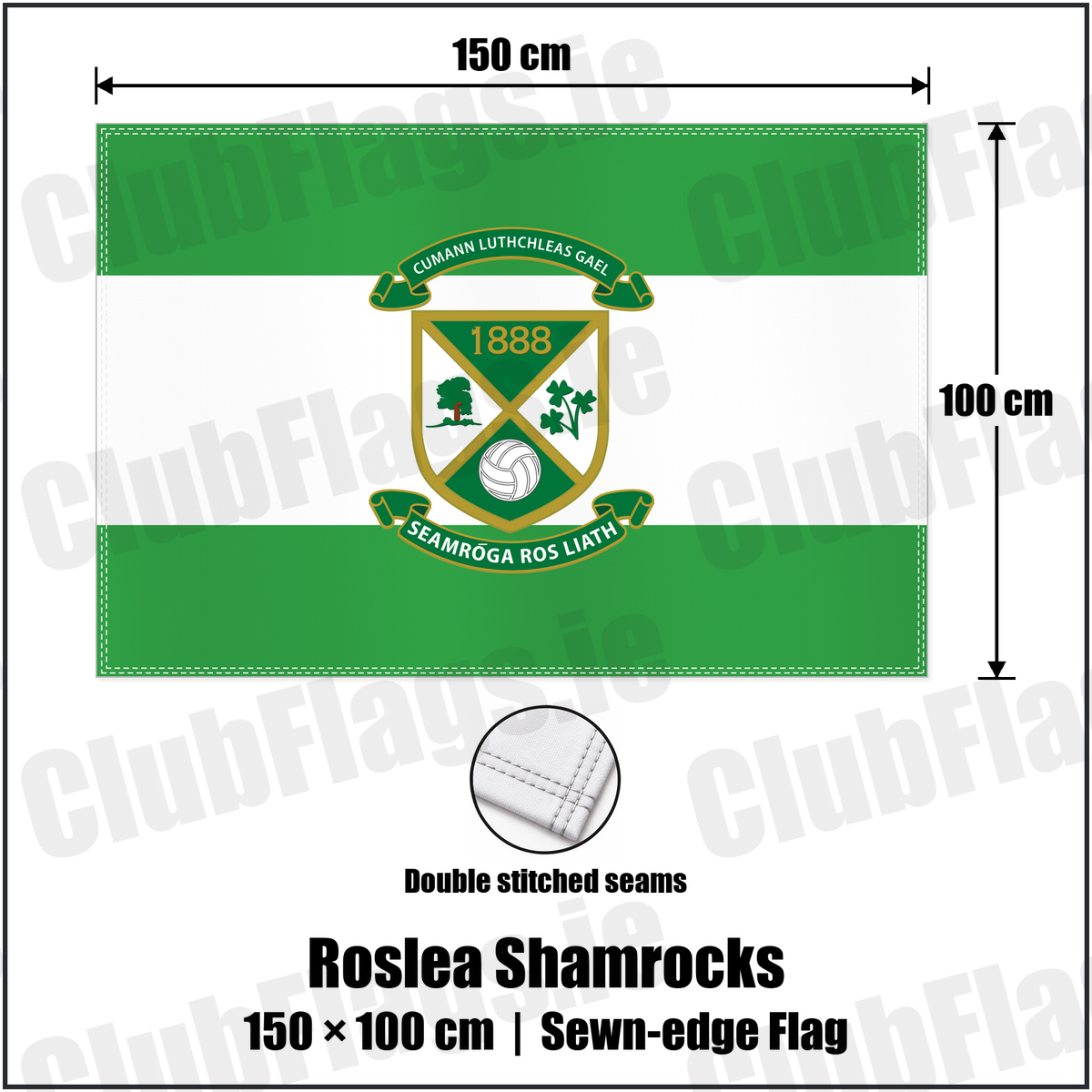 Roslea Shamrocks 100cm x 150cm Flag (sewn on the edges) with the club crest and colours, Fermanagh GAA - ClubFlags.ie