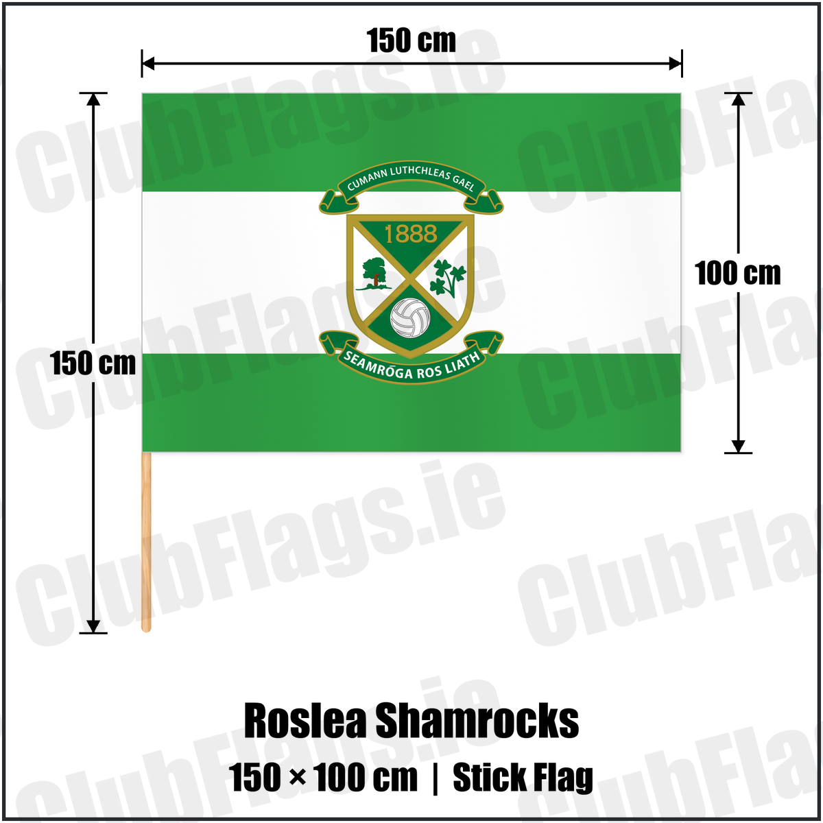 Roslea Shamrocks 100cm x 150cm Stick Flag with the club crest and colours, Fermanagh GAA - ClubFlags.ie