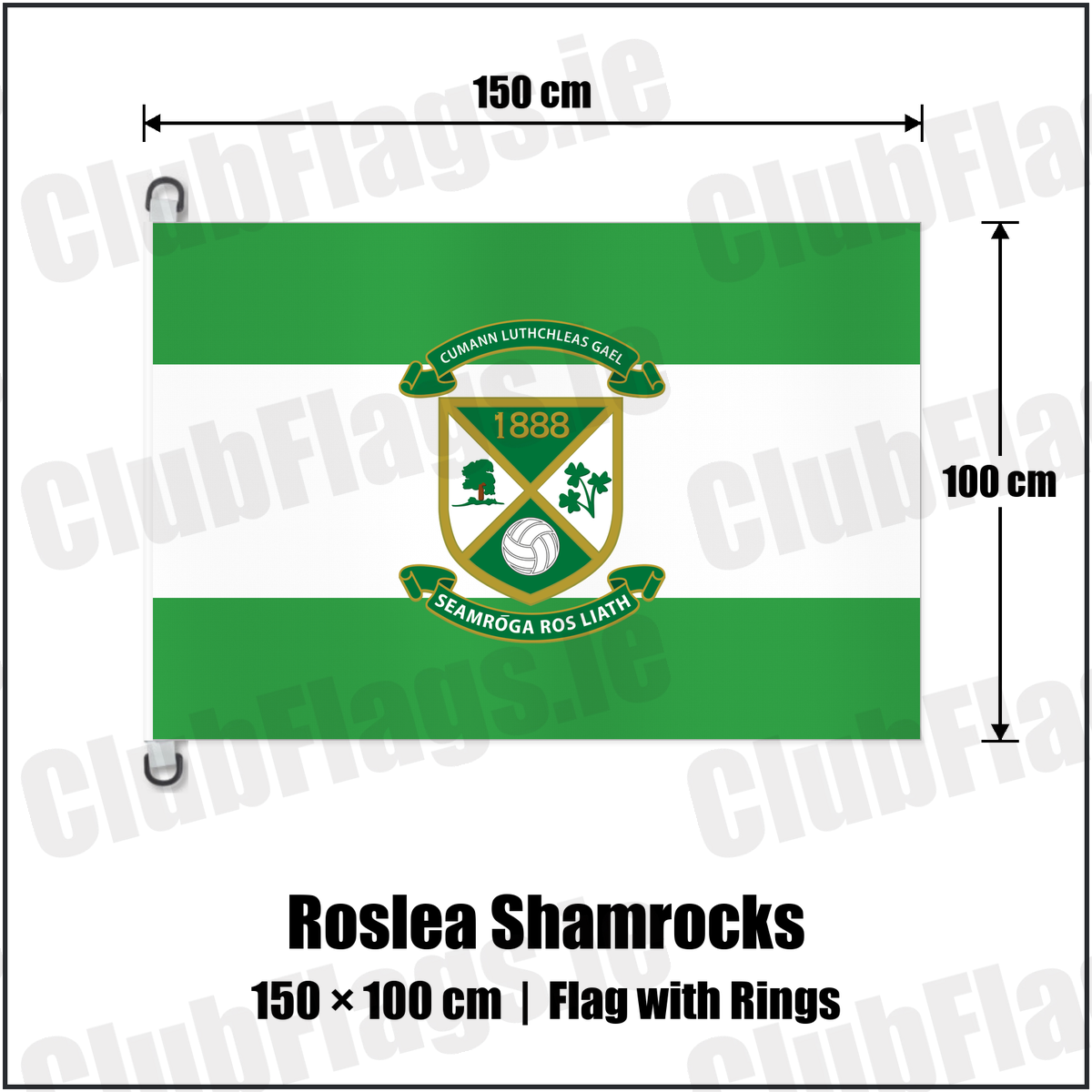 Roslea Shamrocks 150cm x 100cm Flag Pole Flag with Rings with the club crest and colours, Fermanagh GAA - ClubFlags.ie