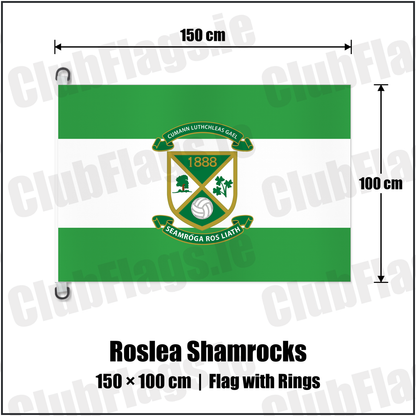 Roslea Shamrocks 150cm x 100cm Flag Pole Flag with Rings with the club crest and colours, Fermanagh GAA - ClubFlags.ie