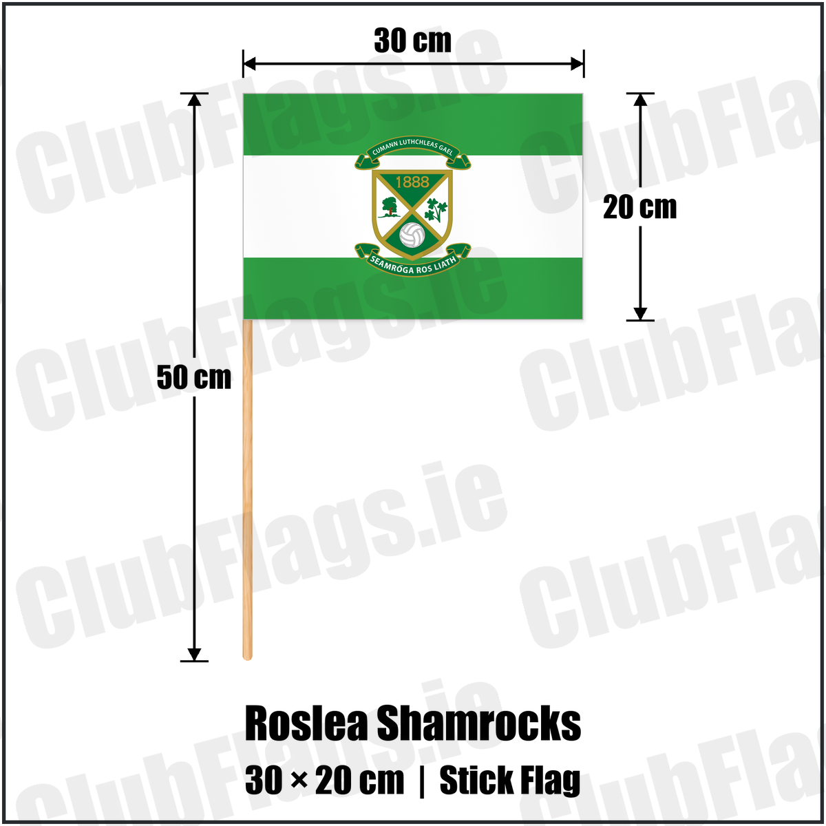 Roslea Shamrocks 20cm x 30cm Stick Flag with the club crest and colours, Fermanagh GAA - ClubFlags.ie