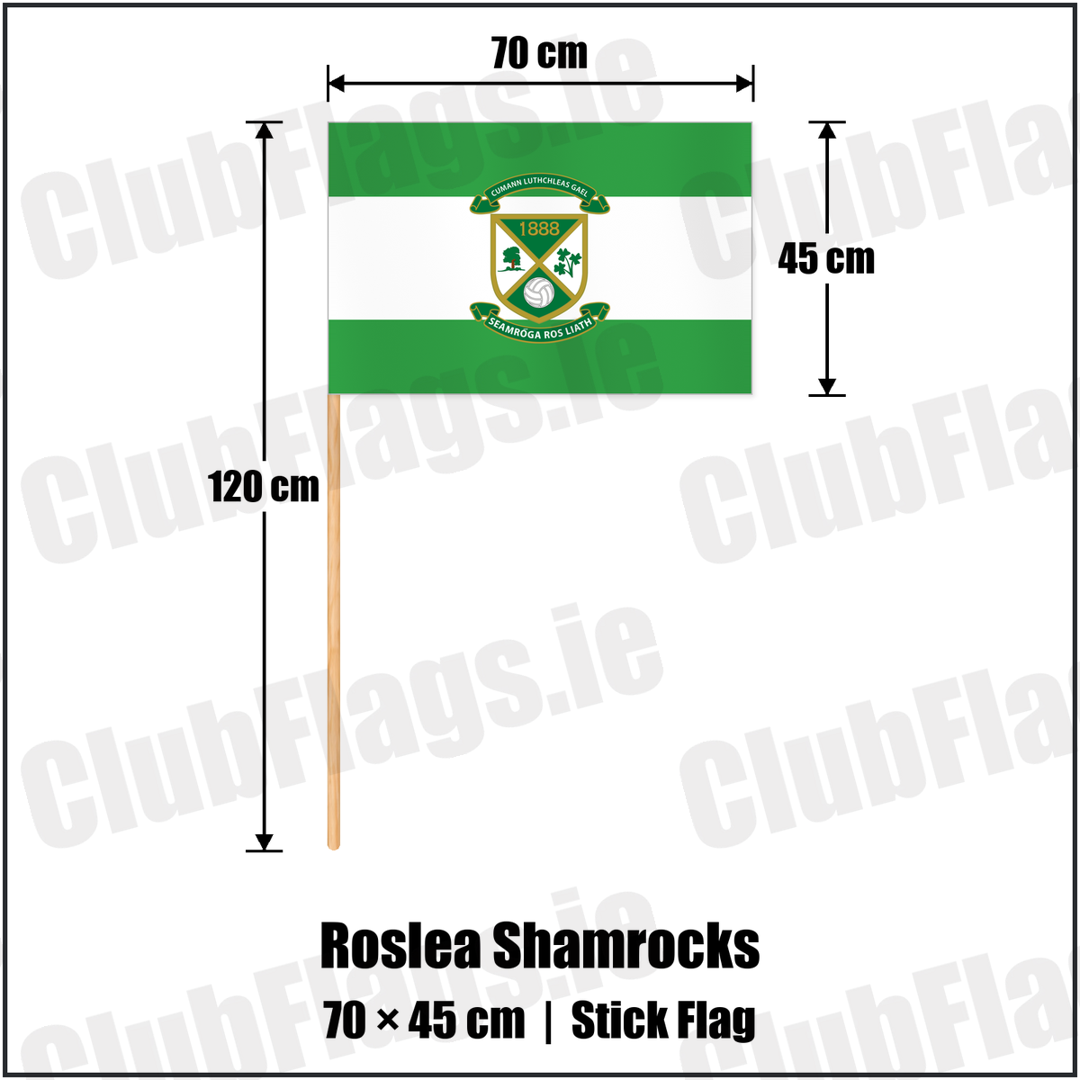 Roslea Shamrocks 45cm x 70cm Stick Flag with the club crest and colours, Fermanagh GAA - ClubFlags.ie
