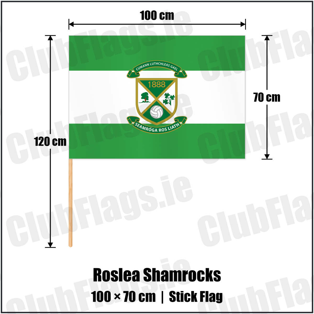 Roslea Shamrocks 70cm x 100cm Stick Flag with the club crest and colours, Fermanagh GAA - ClubFlags.ie