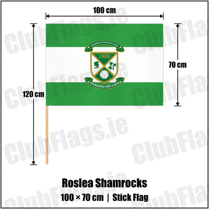 Roslea Shamrocks 70cm x 100cm Stick Flag with the club crest and colours, Fermanagh GAA - ClubFlags.ie