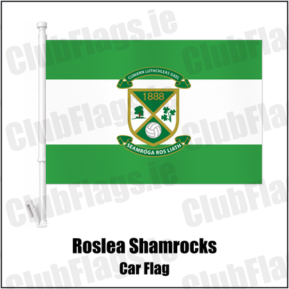 Roslea Shamrocks Car Flag with the club crest and colours, Fermanagh GAA - ClubFlags.ie