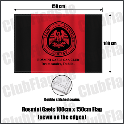 Rosmini Gaels 100cm x 150cm Flag (sewn on the edges), featuring the club crest and red and black colours; County Dublin GAA. ClubFlags.ie.