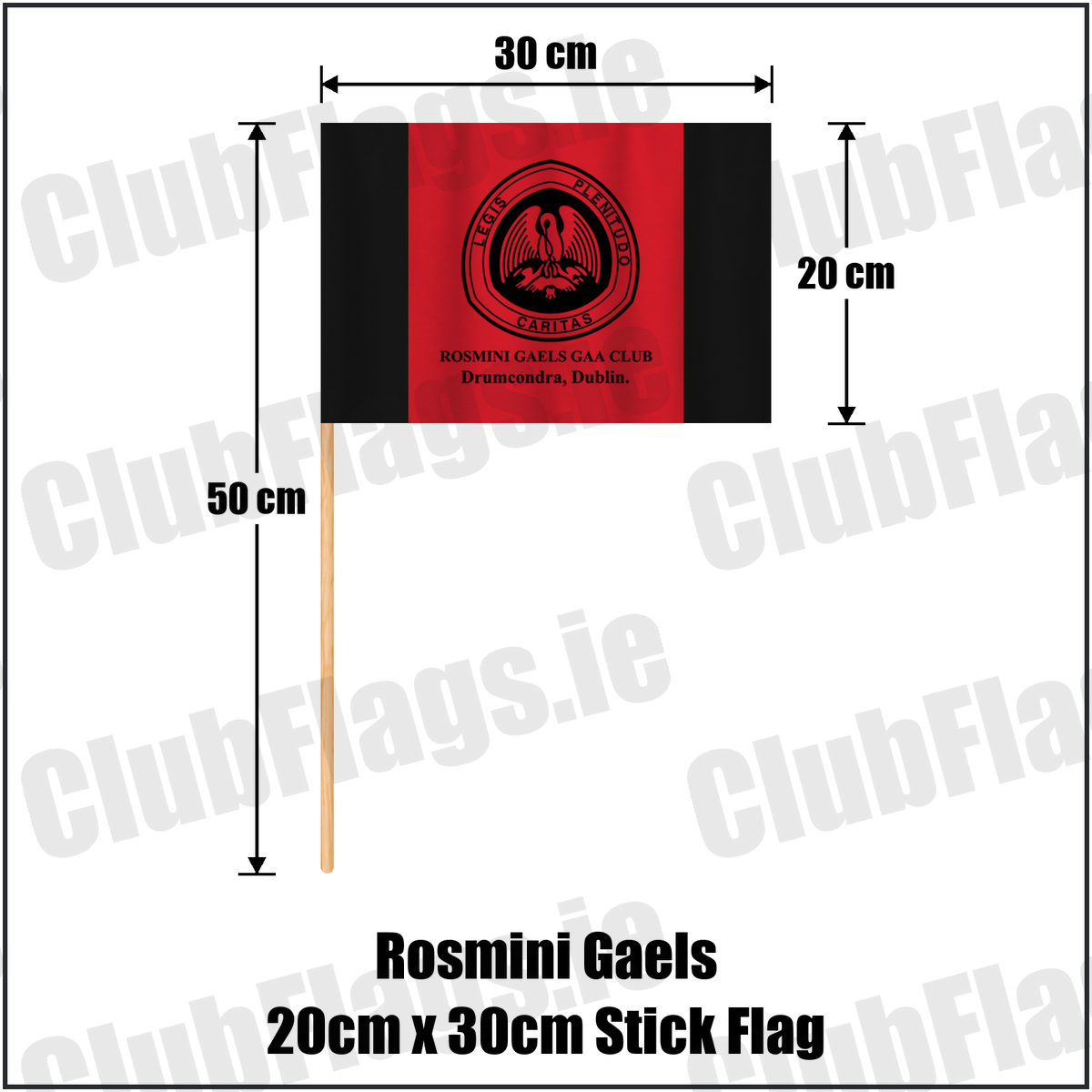 Rosmini Gaels 20cm x 30cm Stick Flag, featuring the club crest and red and black colours; County Dublin GAA. ClubFlags.ie.