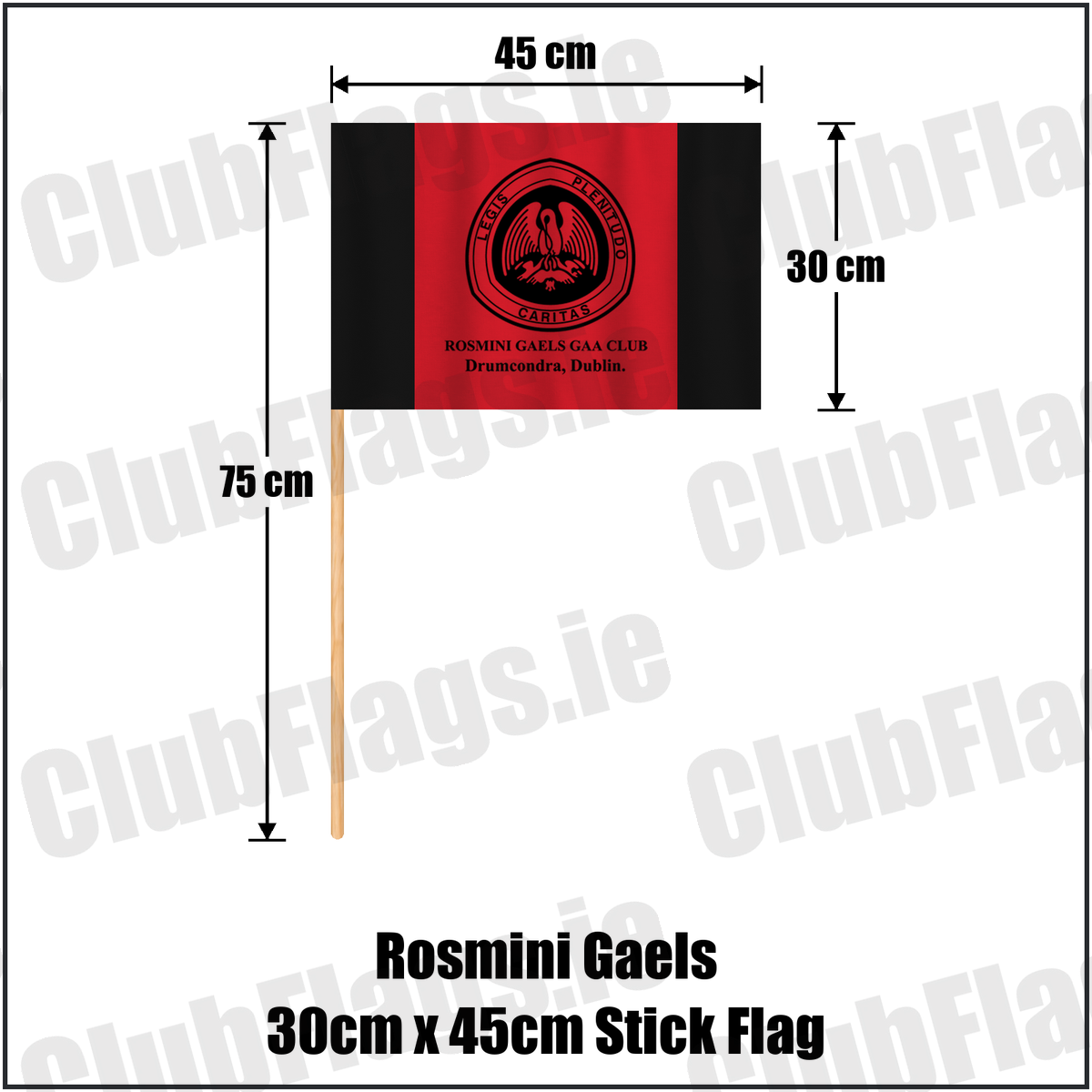 Rosmini Gaels 30cm x 45cm Stick Flag, featuring the club crest and red and black colours; County Dublin GAA. ClubFlags.ie.