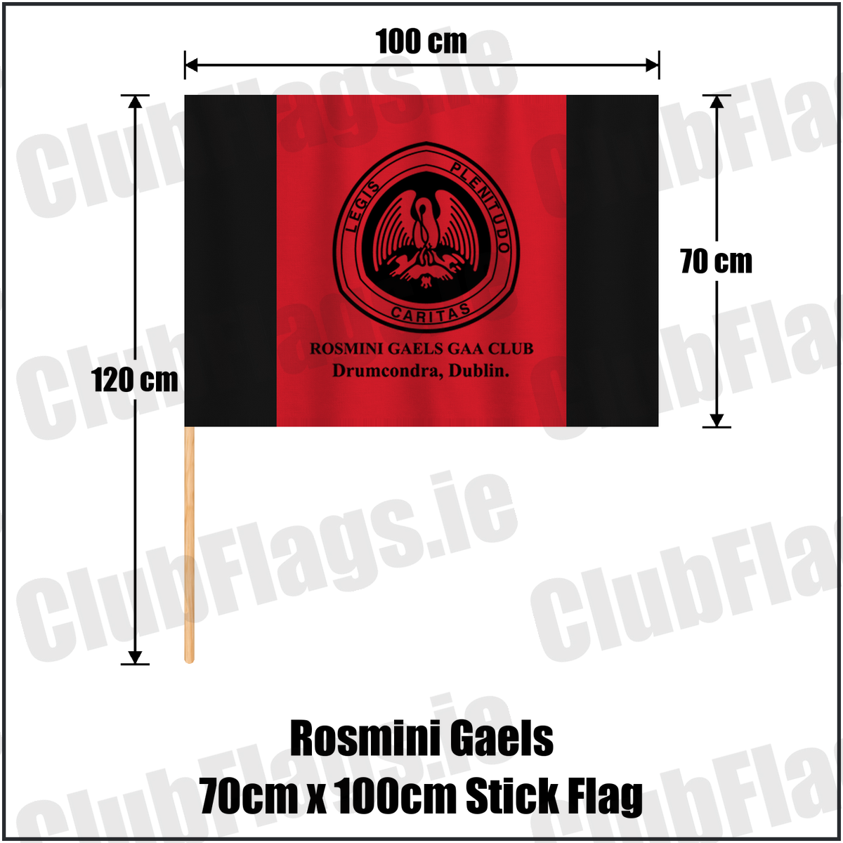 Rosmini Gaels 70cm x 100cm Stick Flag, featuring the club crest and red and black colours; County Dublin GAA. ClubFlags.ie.