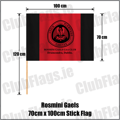Rosmini Gaels 70cm x 100cm Stick Flag, featuring the club crest and red and black colours; County Dublin GAA. ClubFlags.ie.