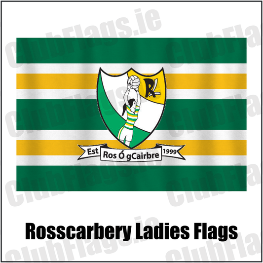 Rosscarbery Ladies Flags, featuring the club crest and green and white and amber colours; County Cork ladies Gaelic football. ClubFlags.ie.