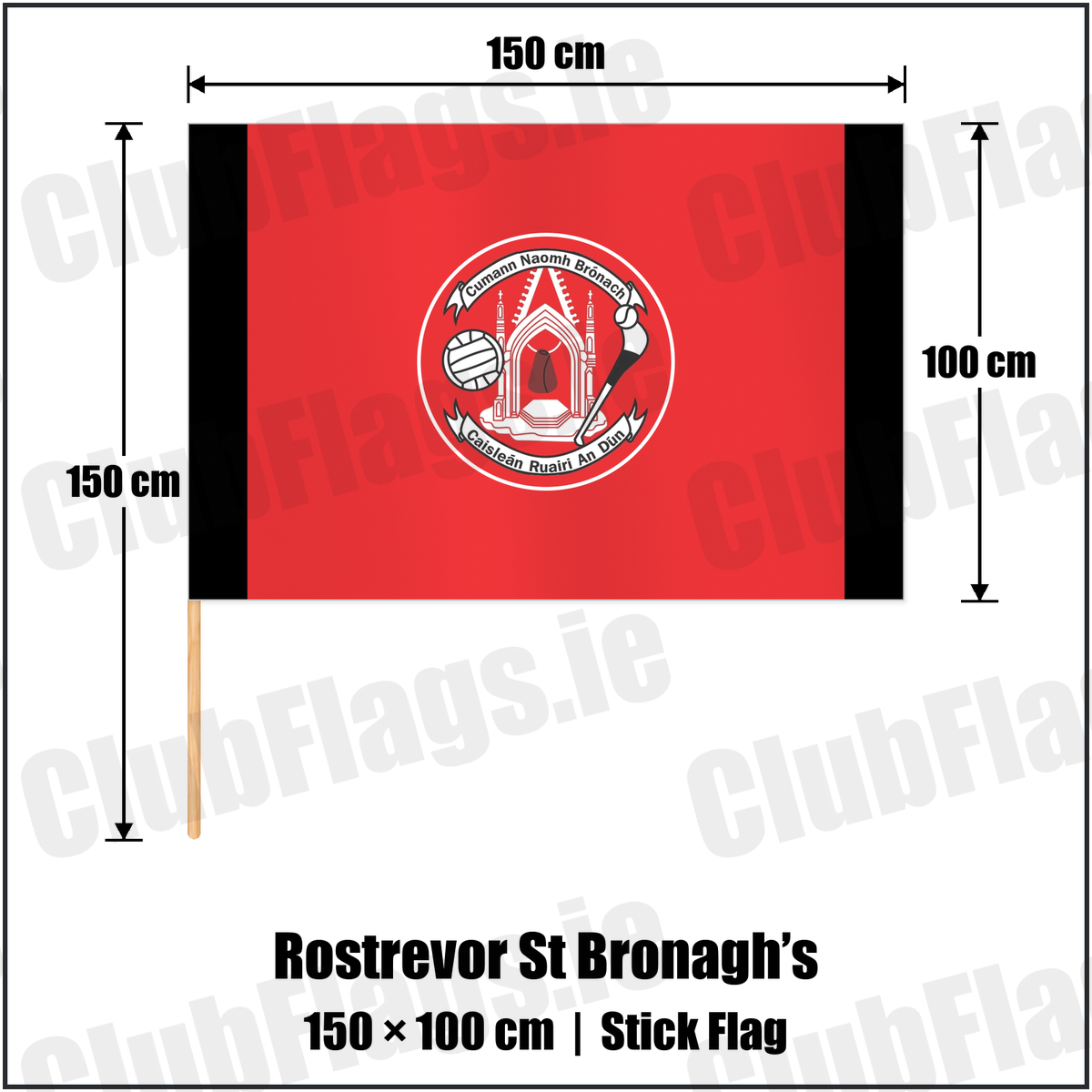 Rostrevor St Bronagh’s 100cm x 150cm Stick Flag with the club crest and colours, Down GAA - ClubFlags.ie